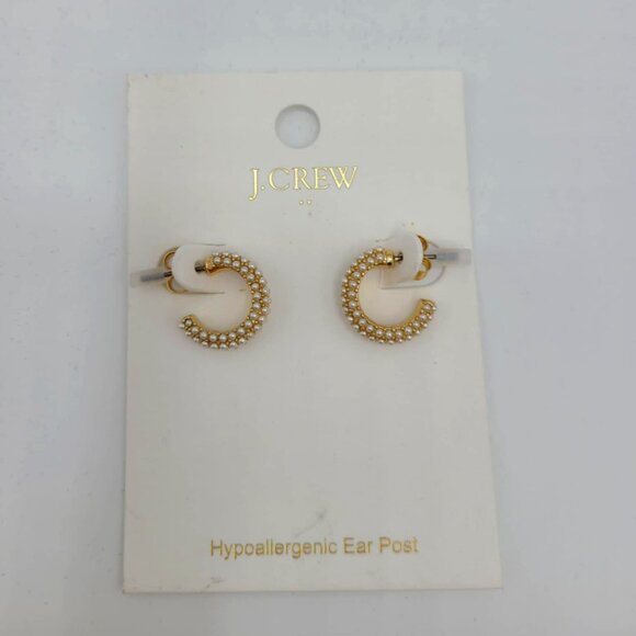 J Crew Huggie Pearl Stud Hoops Gold Tone NWT! NEW! - Picture 1 of 6